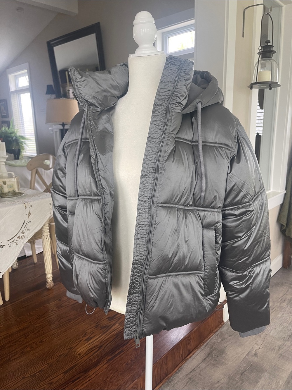 Zara Shiny Hooded Puffer Jacket - Gray
